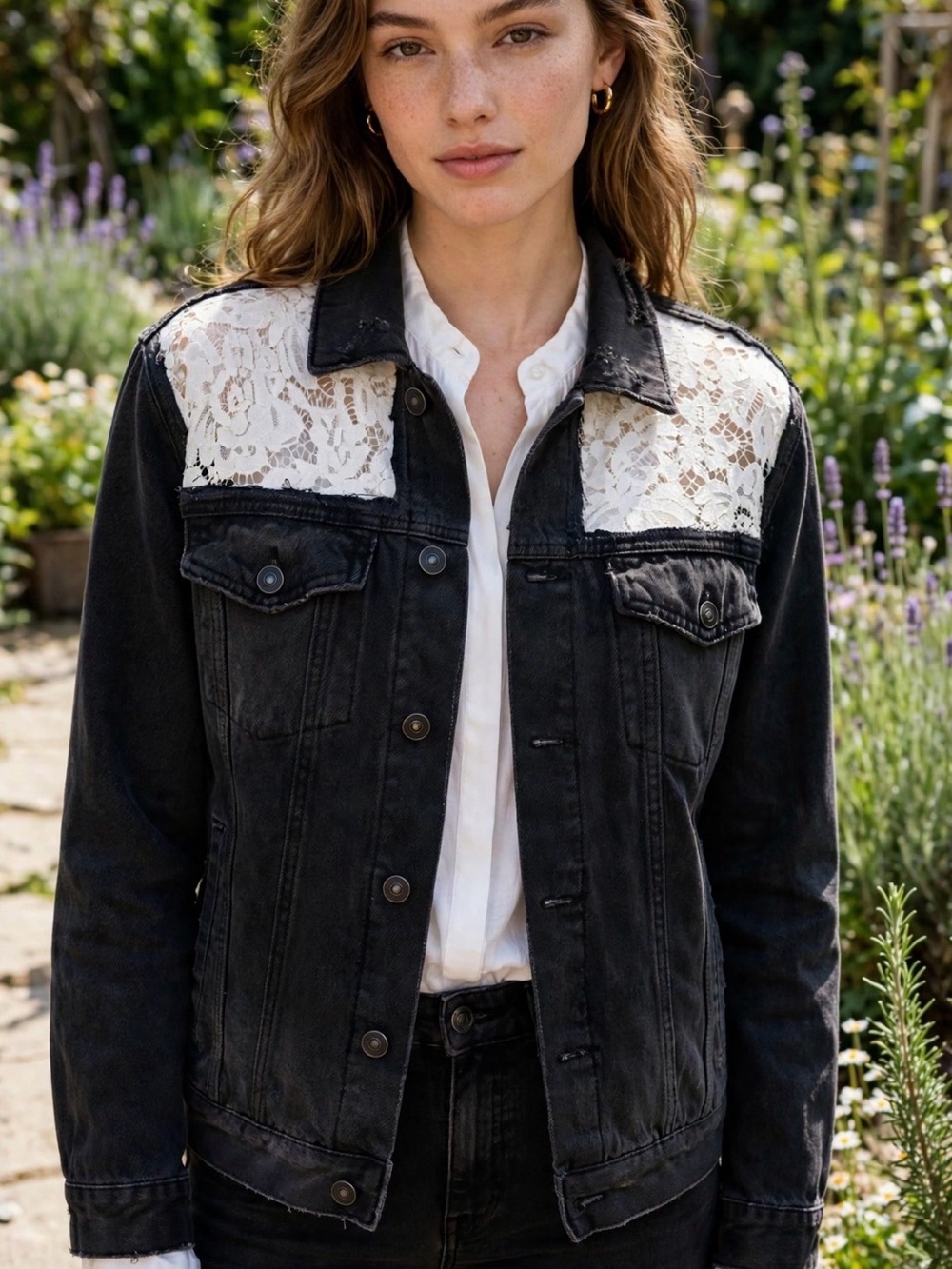 Black Lace-Panel Denim Jacket - Women